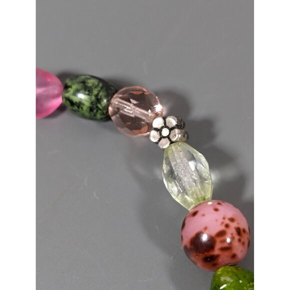 Green Pink Glass Bead Flower Toggle Bracelet Boho Festival Beachy 7" Star - Picture 4 of 9